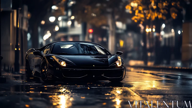 Midnight sports car glows against a rainy city backdrop tonight