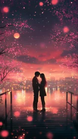 Lakeside lovers embrace under glowing cherry blossom dusk.