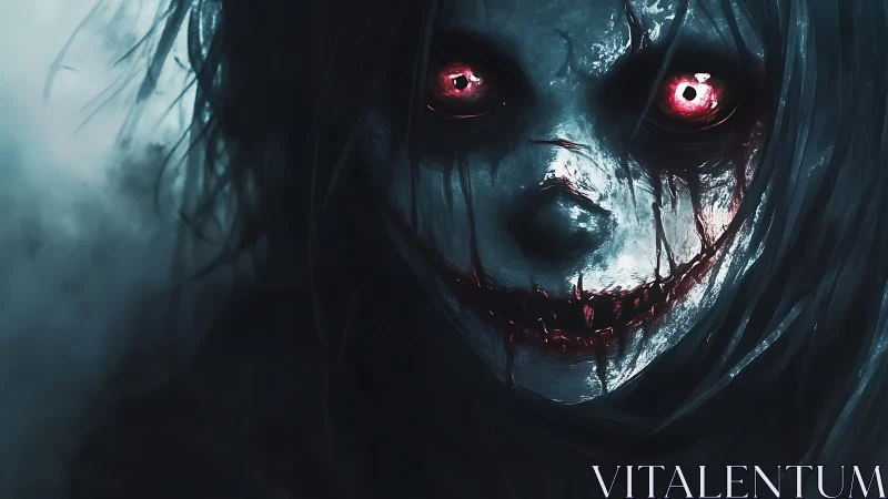 Haunting crimson gaze in a shadowy painted nightmare face.