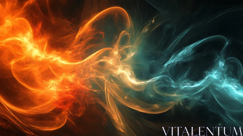 Fiery orange and cool teal energy streams collide in motion.