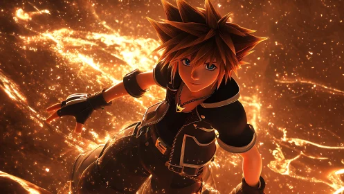 Star‑haired hero strides through molten starlight blaze.