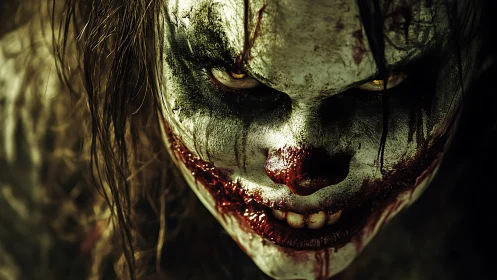 Decayed clown face with smeared blood and high-contrast lighting
