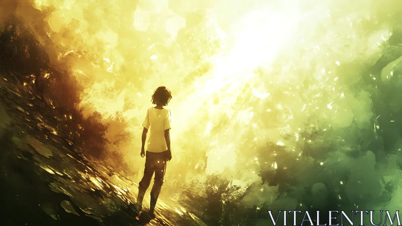 Solitary youth on slope facing blinding ethereal light field