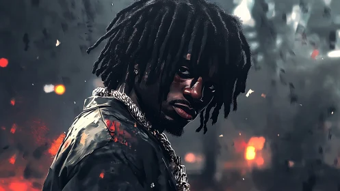 Moody street portrait wrapped in sparks and quiet swagger.