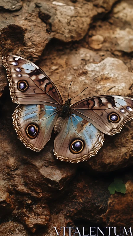 Moonlit eye-spot butterfly resting on rugged stone throne.