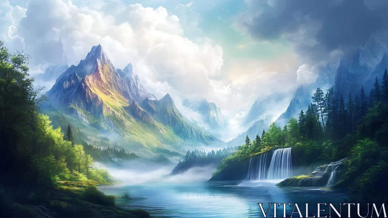 Sunlit emerald peaks crown a mist-swept waterfall valley.