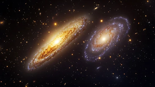 Galactic waltz of twin spirals in a jeweled cosmic ballroom.