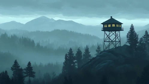 Lone forest watchtower glowing above misty pine valley.