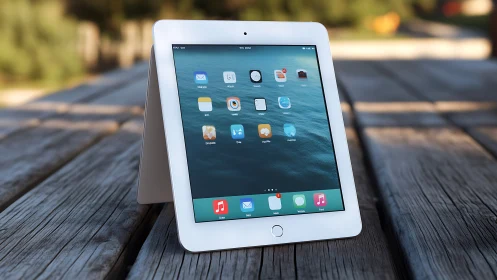White iPad Tablet with iOS Home Screen on Wooden Deck.