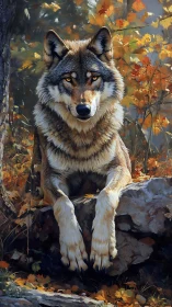 Autumn wolf portrait with golden foliage and diffused light.