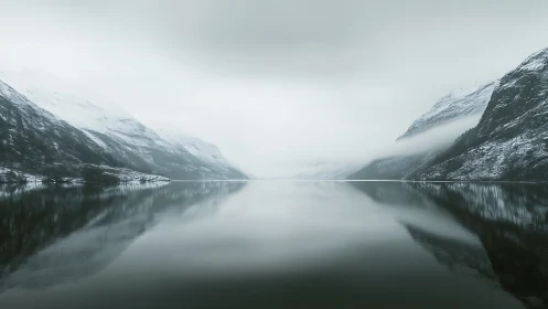 Snowy fjord landscape with calm reflective winter water.