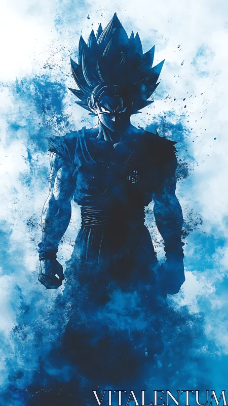 Silhouetted spiky haired warrior in blue energy cloud field