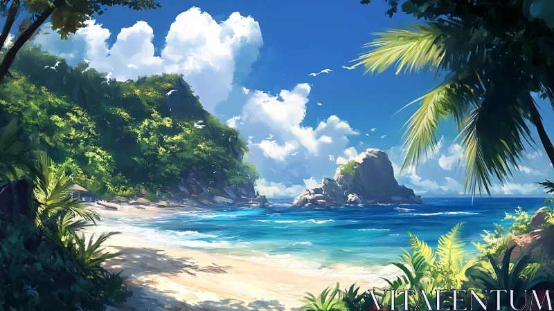 Tropical Island Beach Cove Surrounded by Lush Jungle