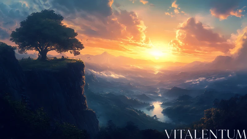 Solitary cliffside tree greeting a spellbound sunrise sky.