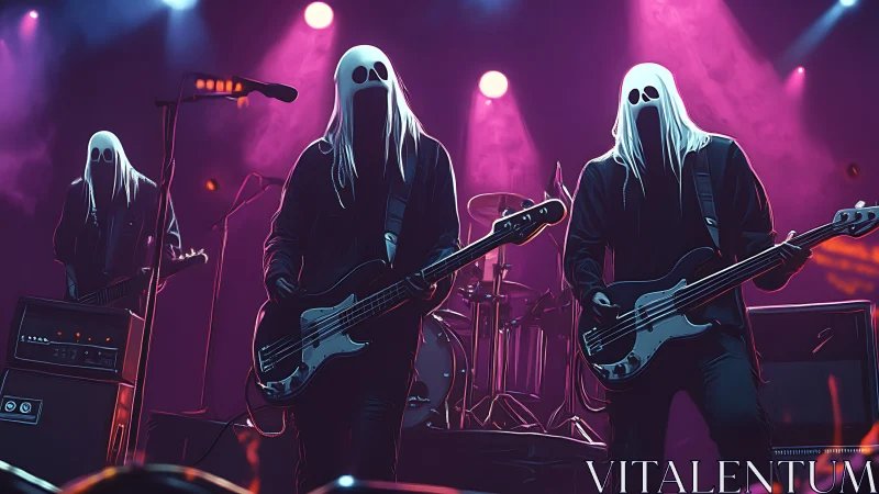 Ghost-masked rock band performing onstage under neon lights.