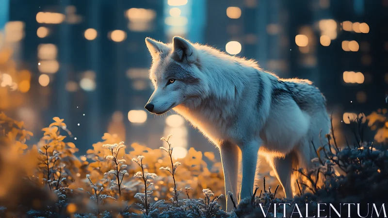 Lone white wolf glows softly against distant city lights at dusk