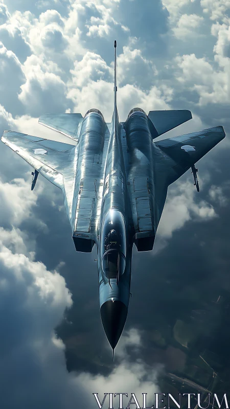 Stealth fighter jet captured from overhead amid cloud layer