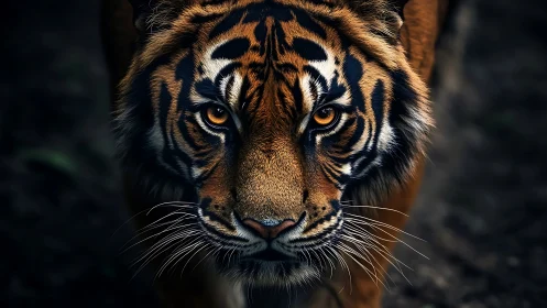 Close frontal view of tiger face in low light conditions.