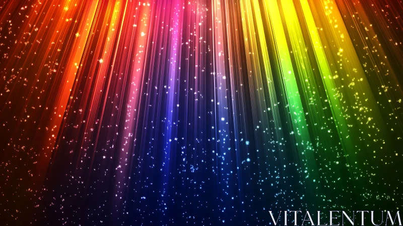 Rainbow starlight pours downward like a digital aurora veil