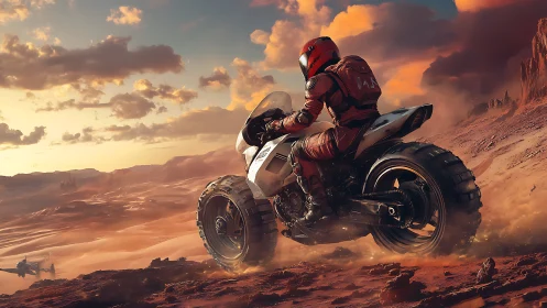Armored rider accelerates hoverbike across dusty Martian canyon