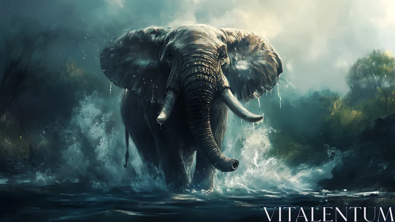 Storm-forged elephant surges through mist and river fury.