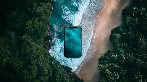 Smartphone floating above tropical beach landscape.