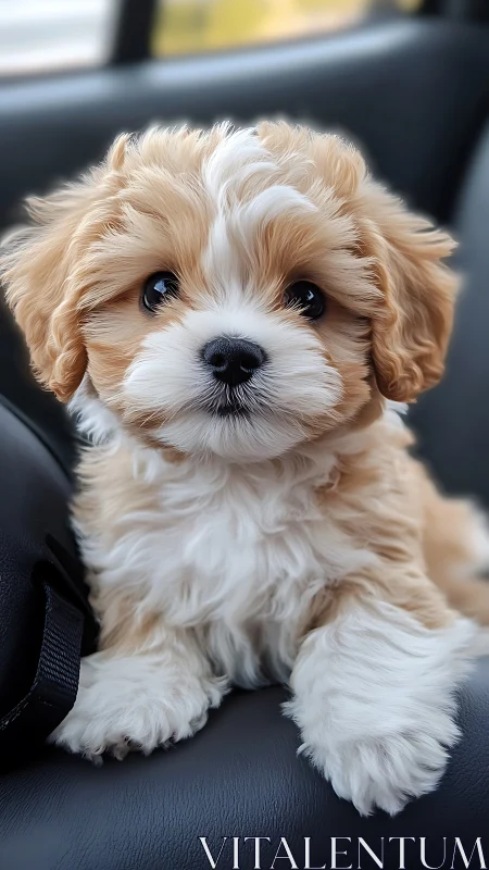 Small cream and white puppy sits on a car seat facing camera