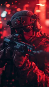 Tactical operator in red-spectrum combat optics environment.