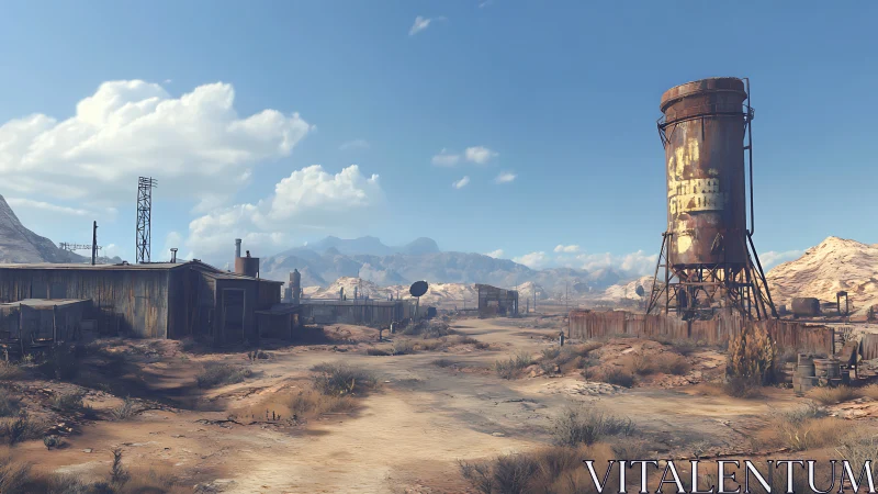 Quiet desert outpost with rusted water tower under blue sky.