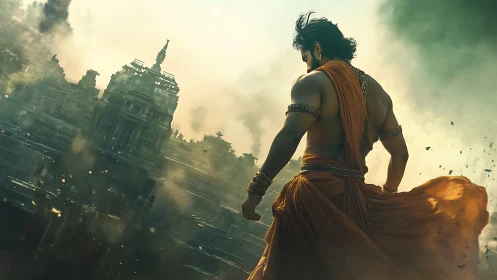 Warrior overlooking smoky ancient city in golden dusk.