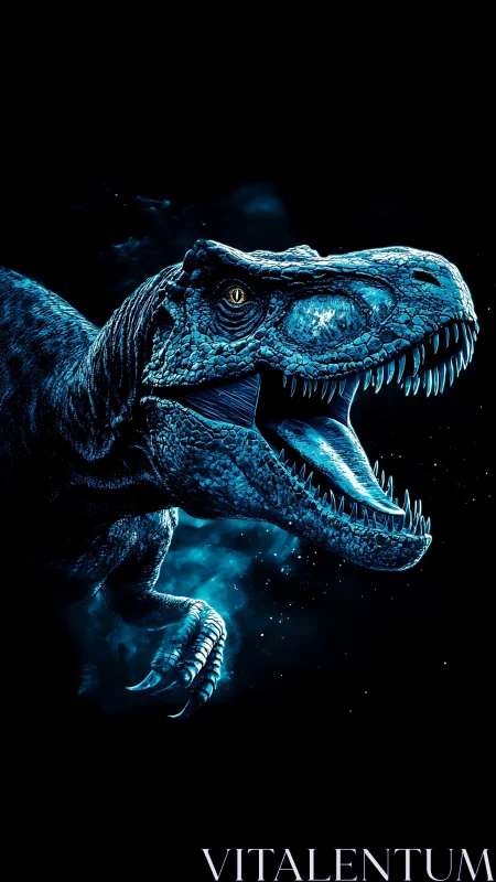 Blue-lit tyrannosaurus profile against dark void background.