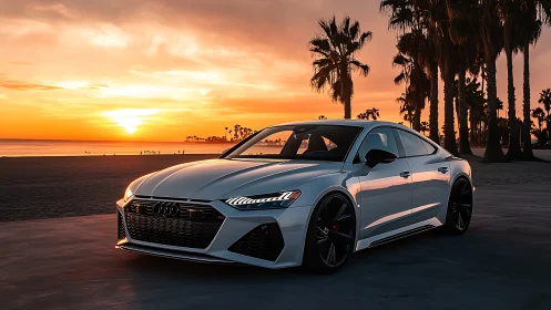 Sunset-tuned sports sedan prowls the glowing palm-framed shore
