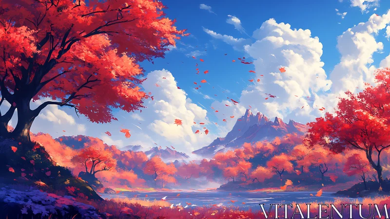 Crimson autumn valley under cloud castles and distant spires.