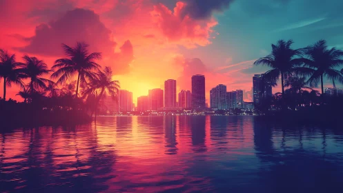 Neon sunset city skyline glows above tranquil tropical bay.
