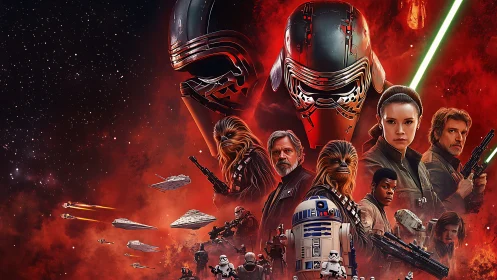 Space opera ensemble poster with red nebula battlefield backdrop.