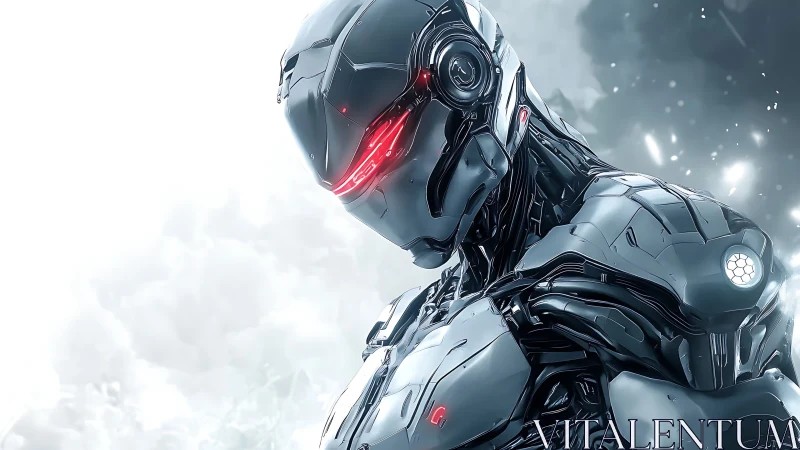 Brooding chrome cyborg with crimson visor in stormlight vigil.