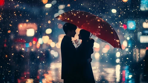 Rainy Night Silhouettes Under Umbrella. Romance in Urban Setting.