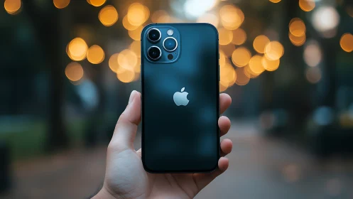 Deep ocean blue iPhone 12 Pro with quad-camera setup in bokeh ambiance