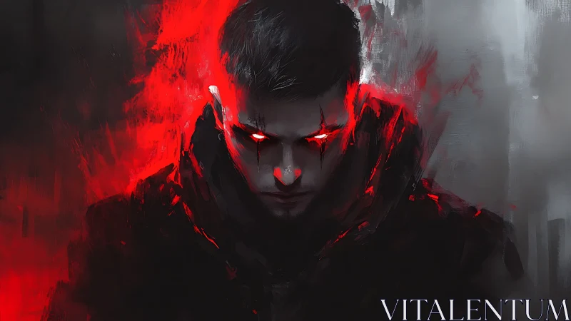 Dark hooded figure glares forward with burning red eyes