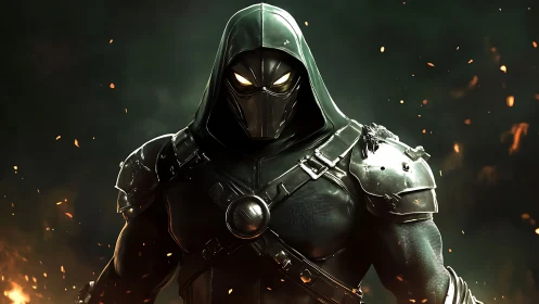 Armored masked vigilante in burning embers storm scene.