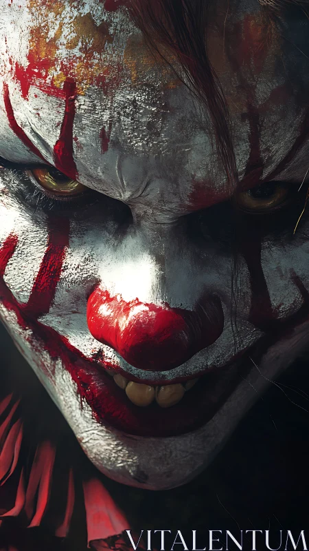 Sinister clown close-up reveals cracked paint and menacing grin