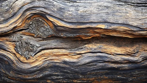 Weathered wood grain with layered bark and linear crevice.