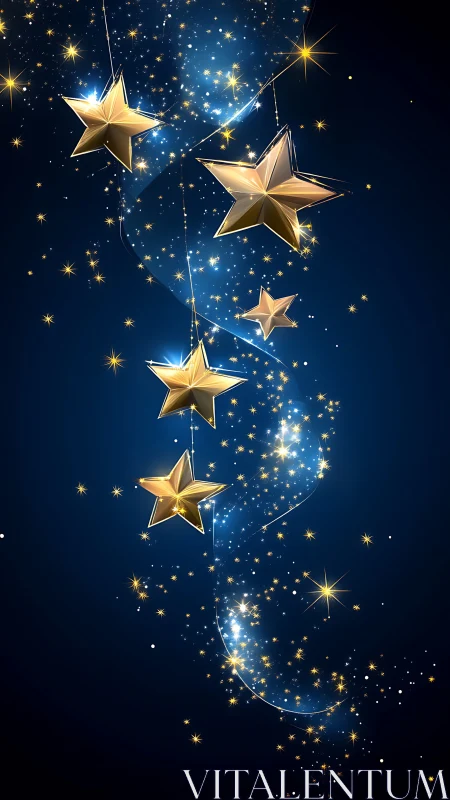 Golden hanging stars trail across deep midnight blue sky.