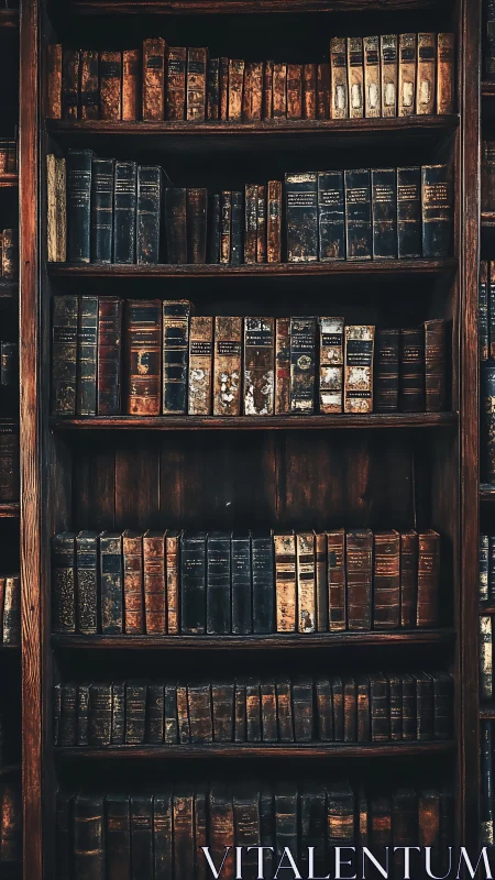Old leather bound books line worn wooden library shelves