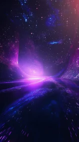 Warped violet space corridor bends toward radiant horizon