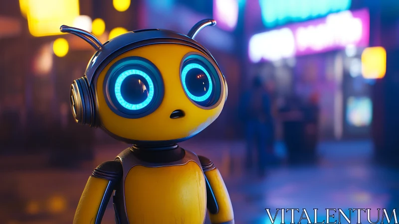 Cute yellow robot with glowing eyes in neon city street.