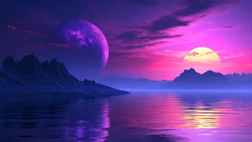 Twin moons over neon tides in a violet alien duskscape.