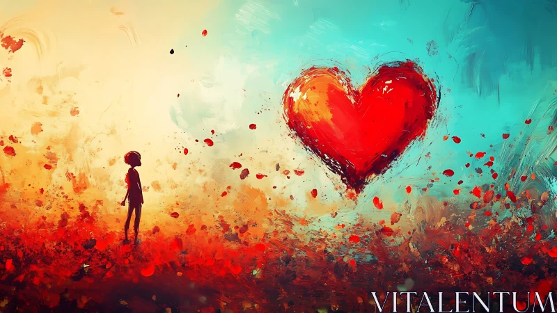 Silhouetted figure observing large red heart form suspended in atmospheric gradient