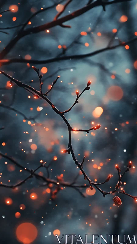 Frozen tree branches intersect with warm defocused light orbs