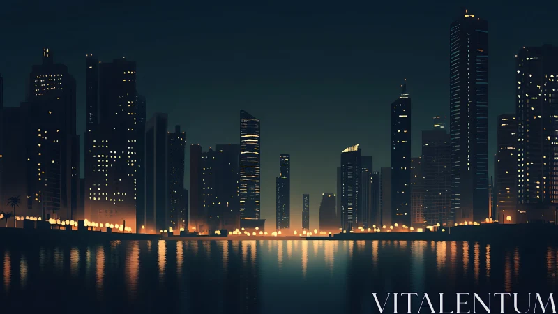 Nocturnal skyline rendered with luminous waterfront reflections.